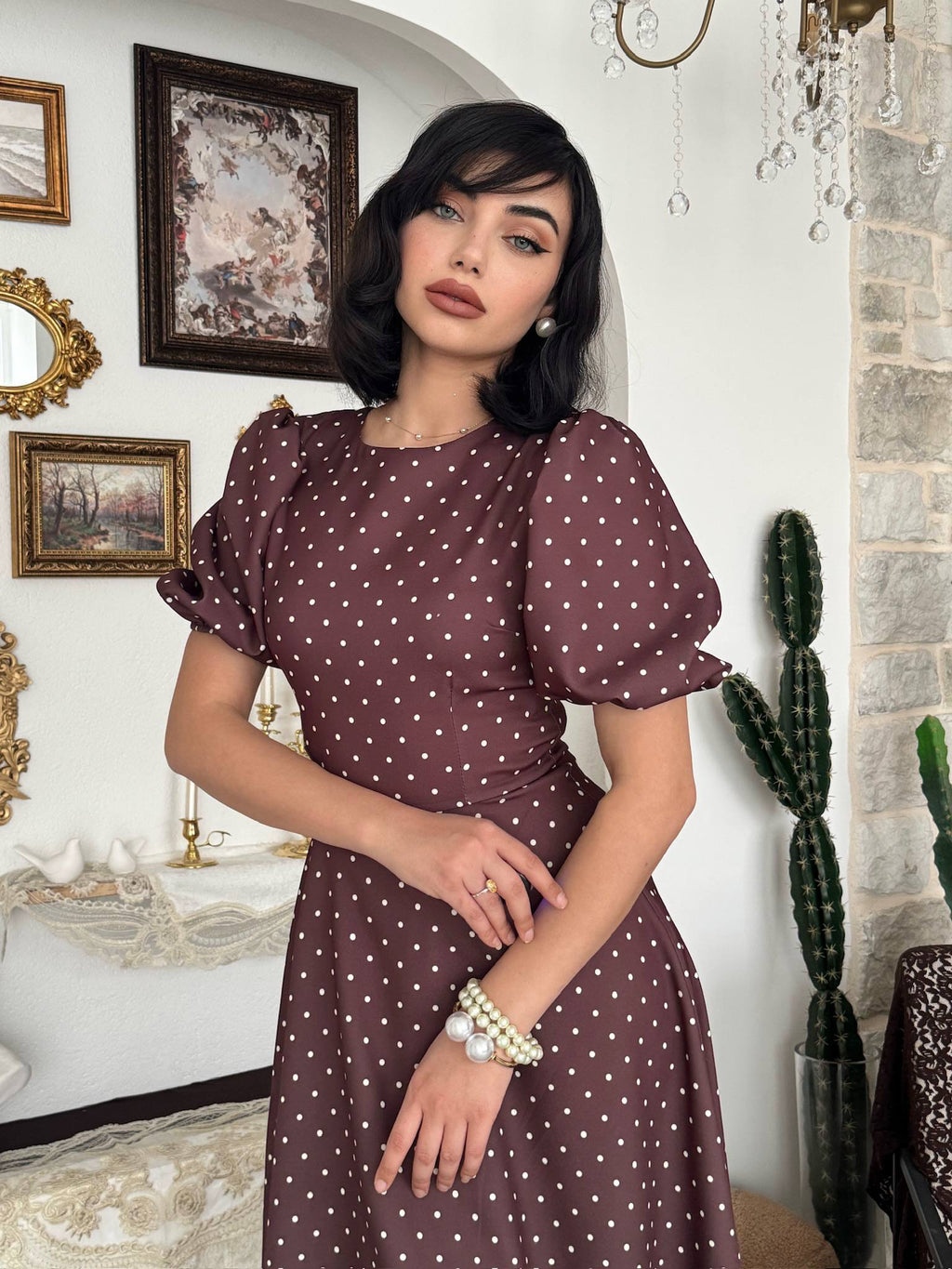 Etke Puantiyeli Balon Kollu Maxi Elbise - Yuvarlak Yaka Vintage - Kahverengi