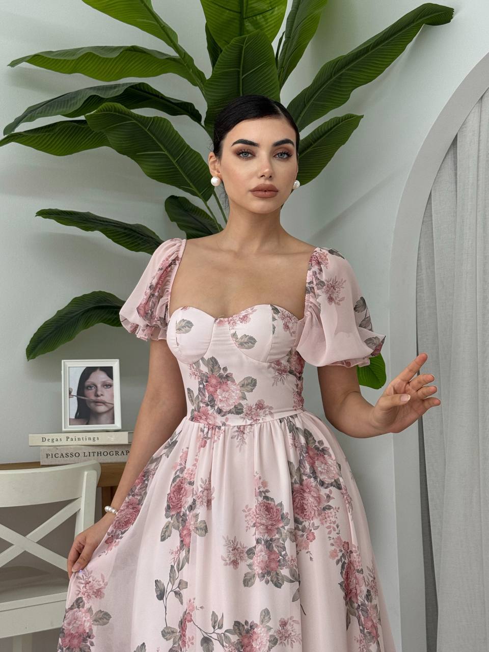 Etki Çiçek Desenli Büstiyer Midi Elbise - Balon Kollu Kalp Yaka Çift Katlı Etek - Pembe