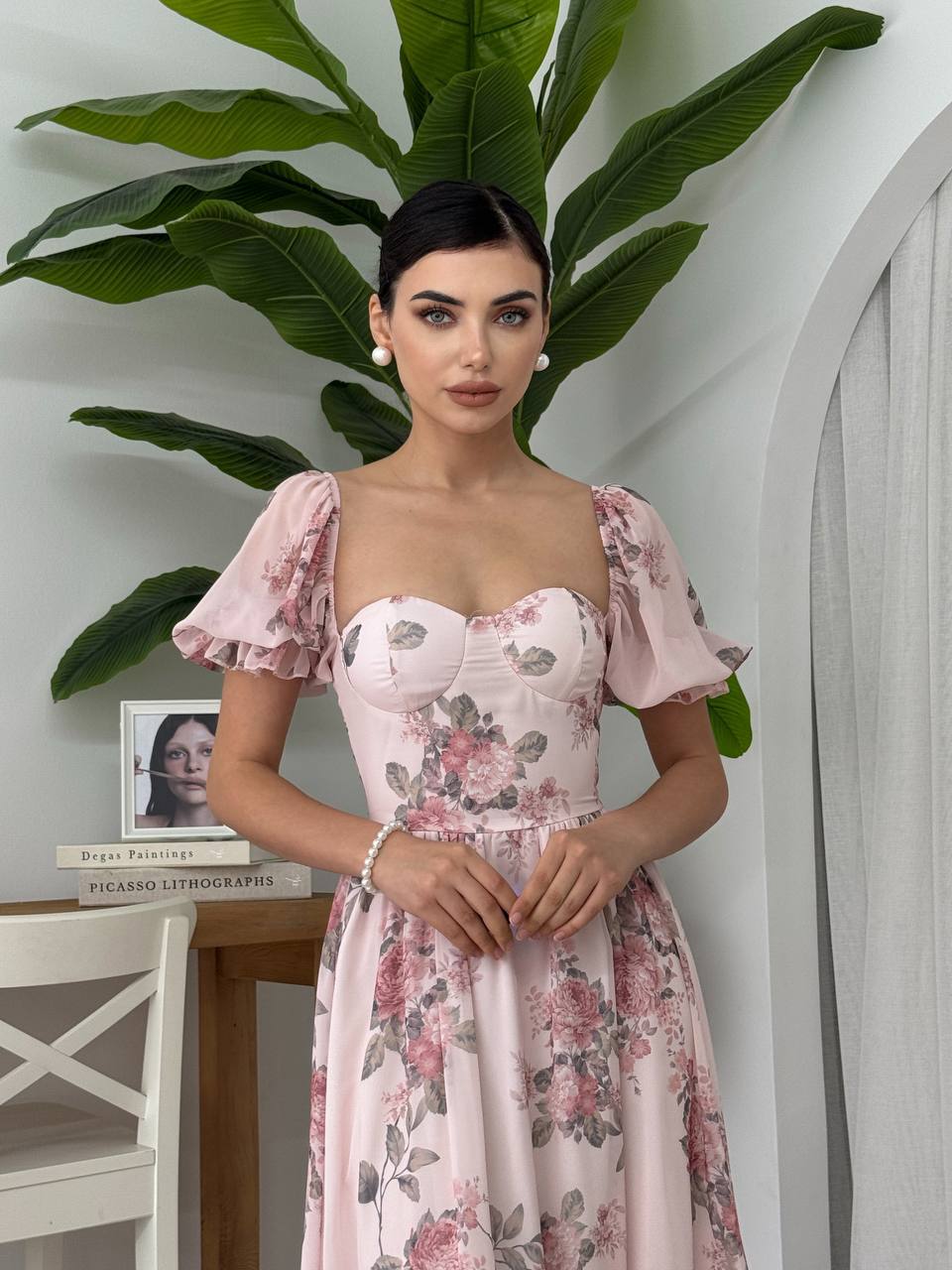 Etki Çiçek Desenli Büstiyer Midi Elbise - Balon Kollu Kalp Yaka Çift Katlı Etek - Pembe