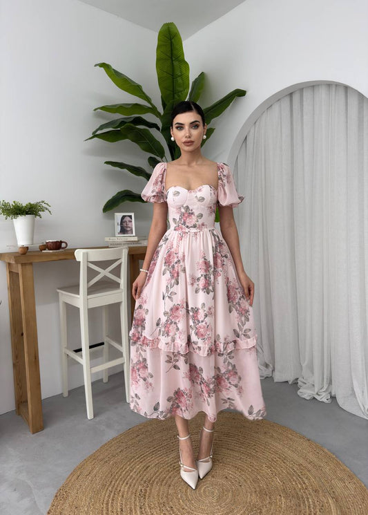 Etki Çiçek Desenli Büstiyer Midi Elbise - Balon Kollu Kalp Yaka Çift Katlı Etek - Pembe