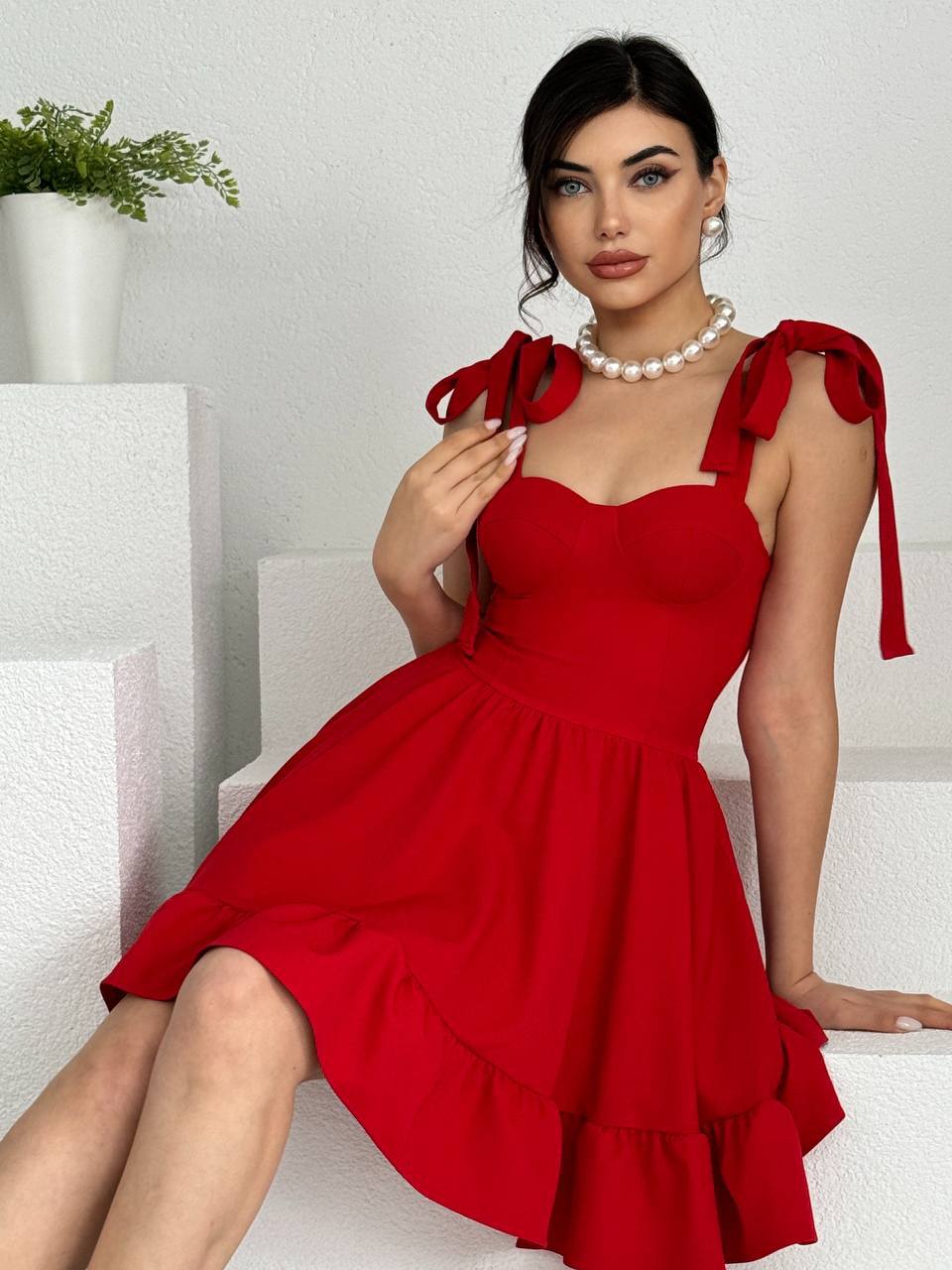 Etka Büstiyer Mini Elbise - Kurdele Askılı Kalp Yaka Fırfırlı Elbise - Pembe - Beyaz