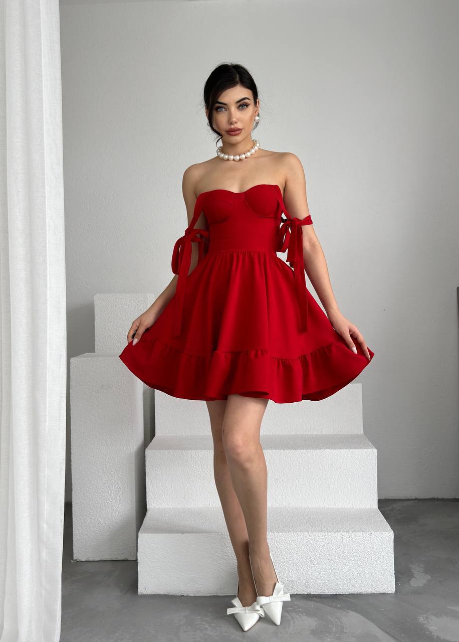 Etka Büstiyer Mini Elbise - Kurdele Askılı Kalp Yaka Fırfırlı Elbise - Pembe - Beyaz