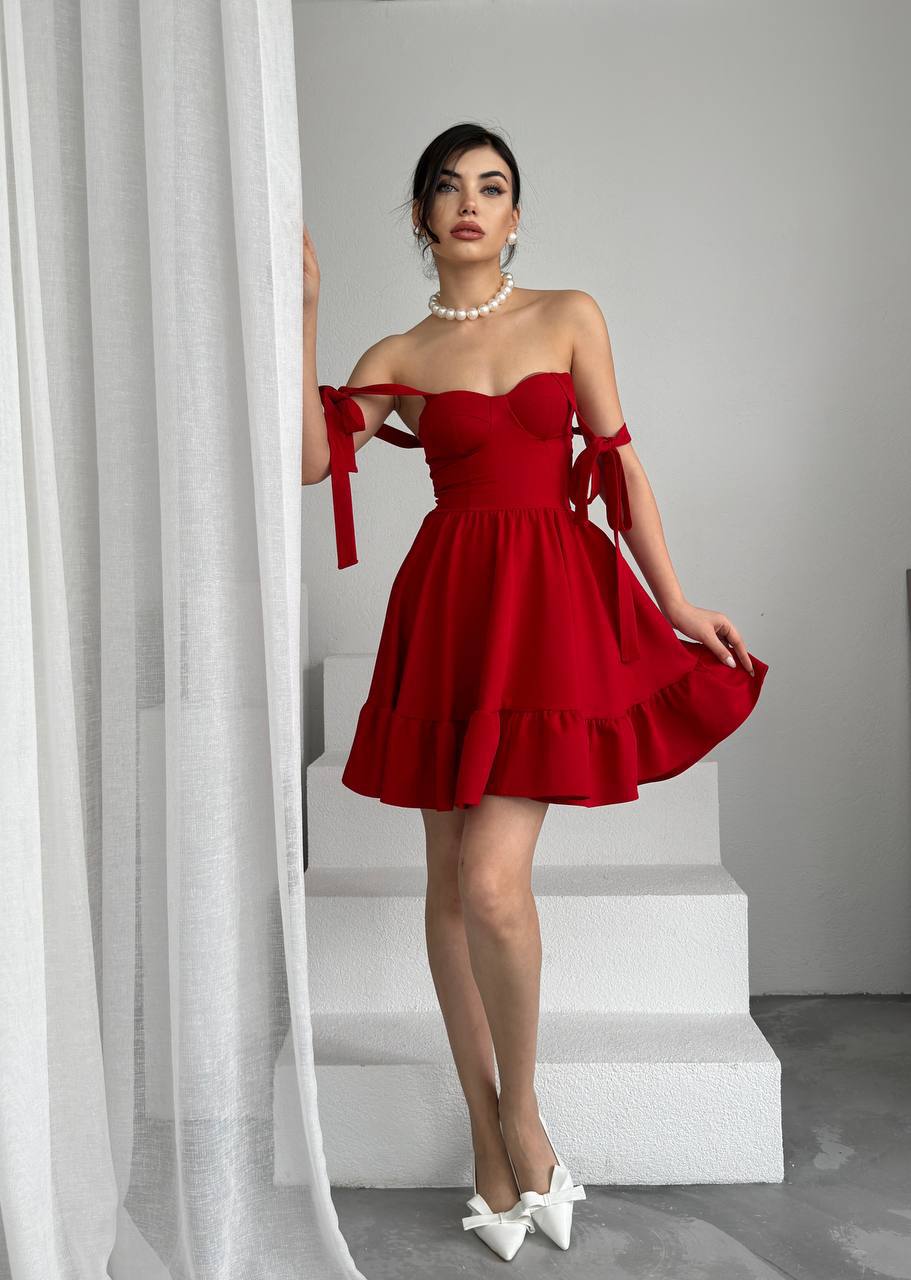 Etka Büstiyer Mini Elbise - Kurdele Askılı Kalp Yaka Fırfırlı Elbise - Pembe - Beyaz
