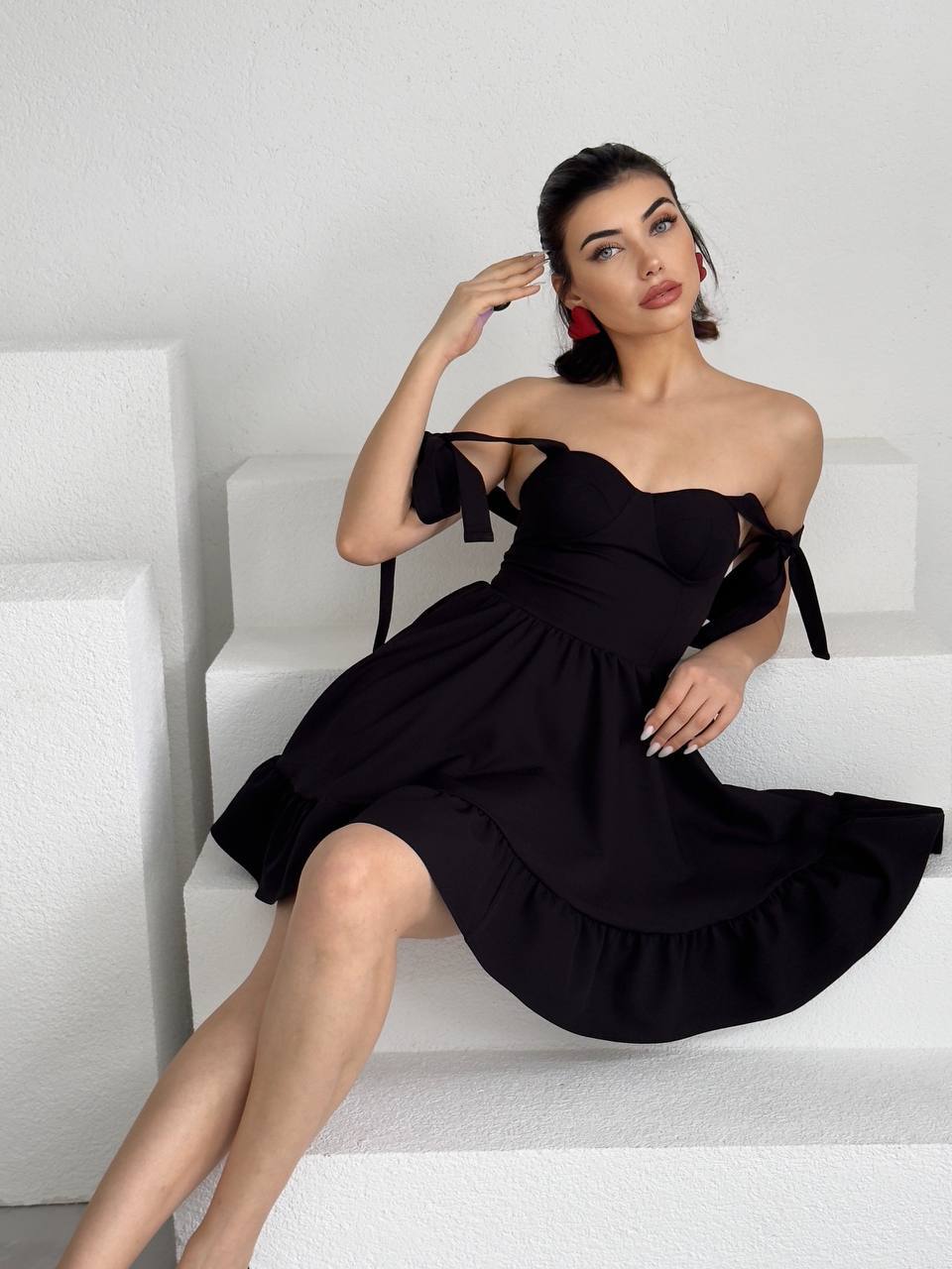 Etka Büstiyer Mini Elbise - Kurdele Askılı Kalp Yaka Fırfırlı Elbise - Pembe - Beyaz