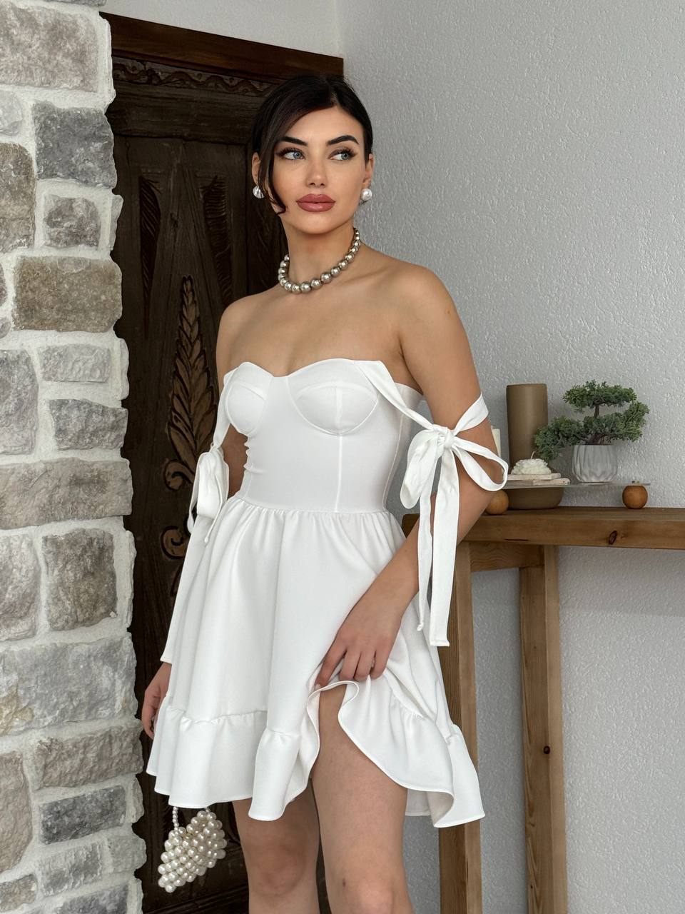 Etka Büstiyer Mini Elbise - Kurdele Askılı Kalp Yaka Fırfırlı Elbise - Pembe - Beyaz