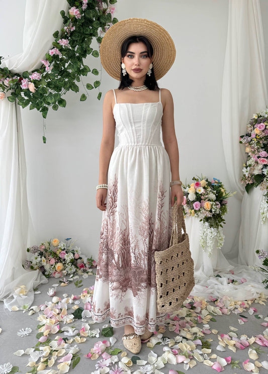 Etka İşlemeli Maxi Elbise - Askılı Büstiyer Detaylı Desenli Elbise - Beyaz Pudra