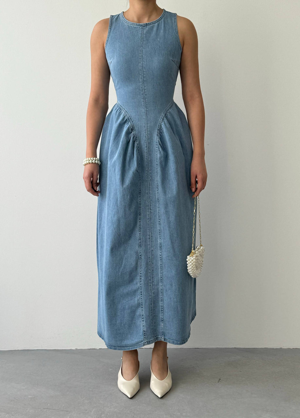 Etki Denim Maxi Elbise - Sırt Açık Halter Yaka Fermuarlı Elbise - Mavi