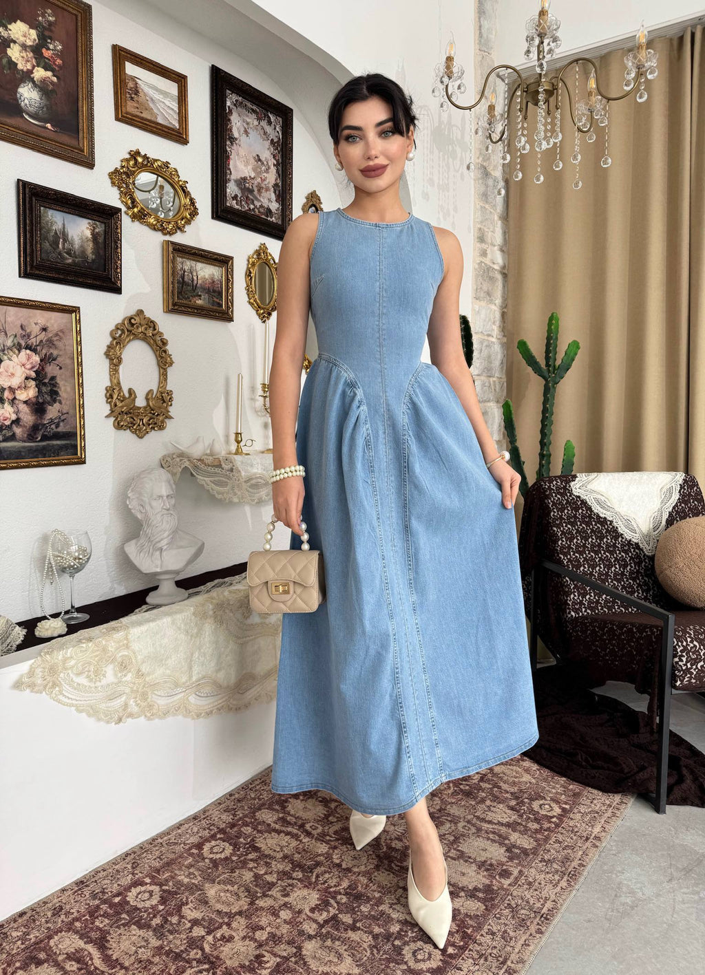 Etki Denim Maxi Elbise - Sırt Açık Halter Yaka Fermuarlı Elbise - Mavi
