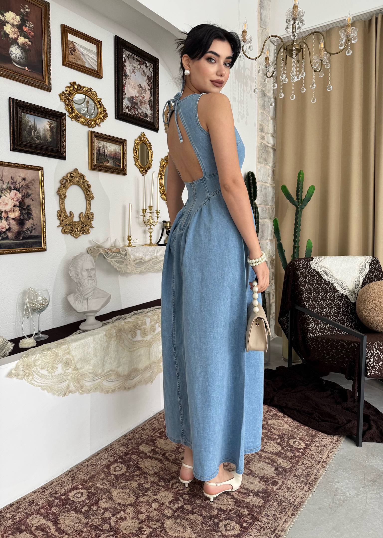 Etki Denim Maxi Elbise - Sırt Açık Halter Yaka Fermuarlı Elbise - Mavi