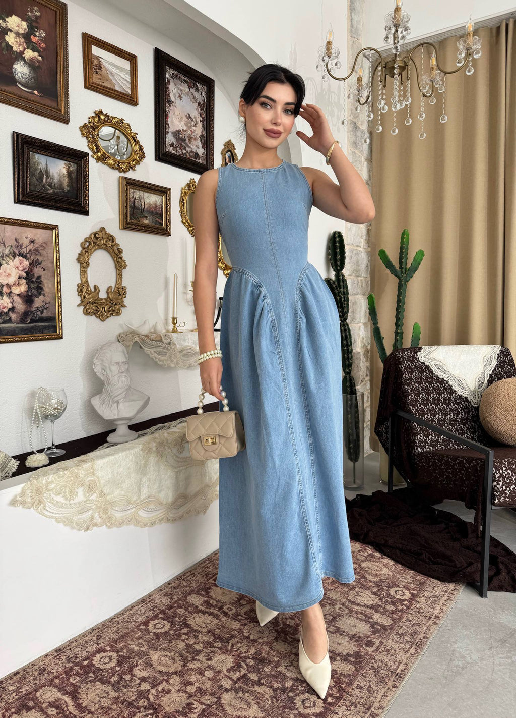 Etki Denim Maxi Elbise - Sırt Açık Halter Yaka Fermuarlı Elbise - Mavi