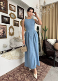 Etki Denim Maxi Elbise - Sırt Açık Halter Yaka Fermuarlı Elbise - Mavi