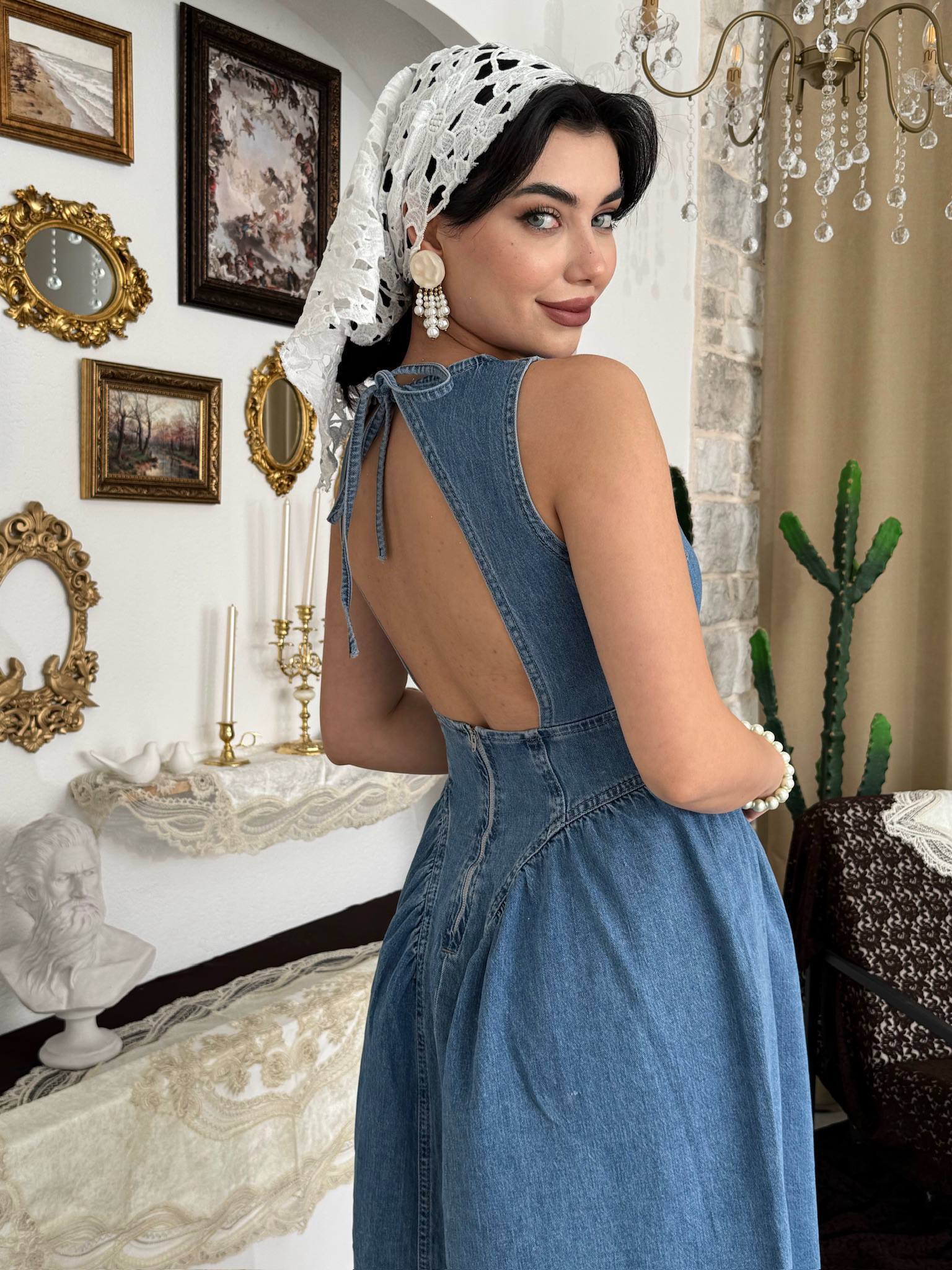 Etki Denim Maxi Elbise - Sırt Açık Halter Yaka Fermuarlı Elbise - Mavi
