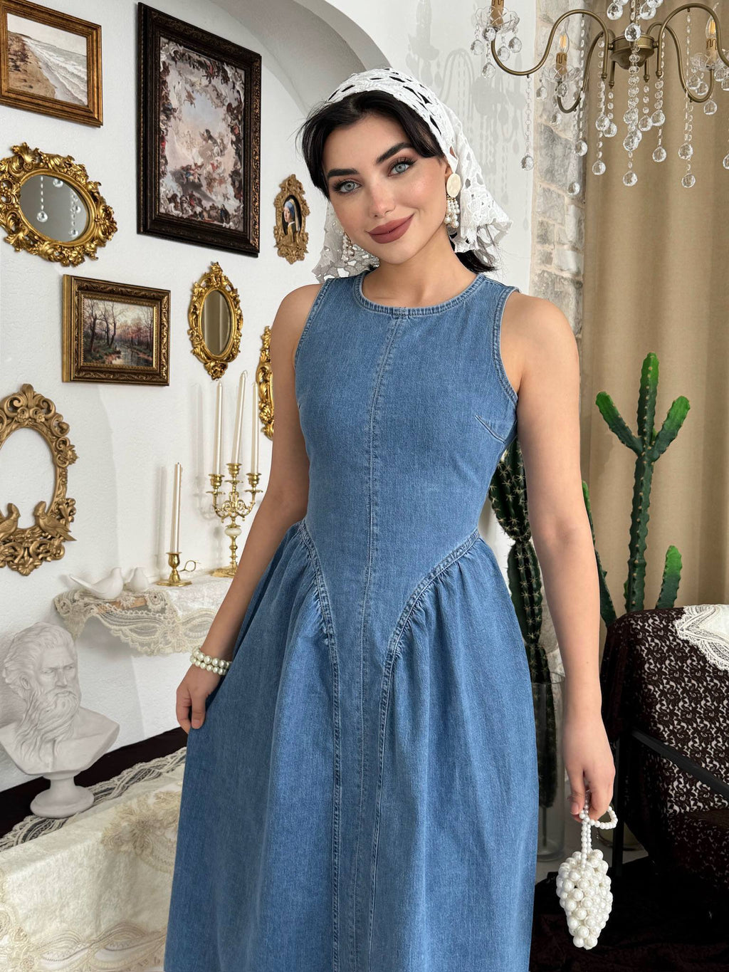 Etki Denim Maxi Elbise - Sırt Açık Halter Yaka Fermuarlı Elbise - Mavi