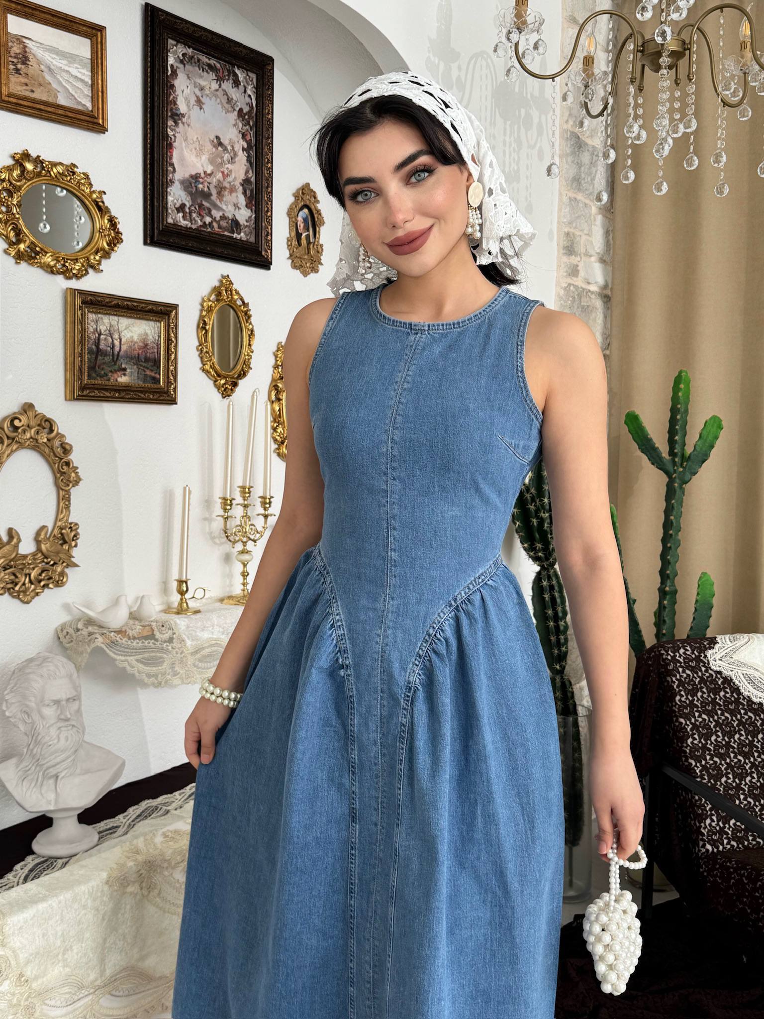 Etki Denim Maxi Elbise - Sırt Açık Halter Yaka Fermuarlı Elbise - Mavi