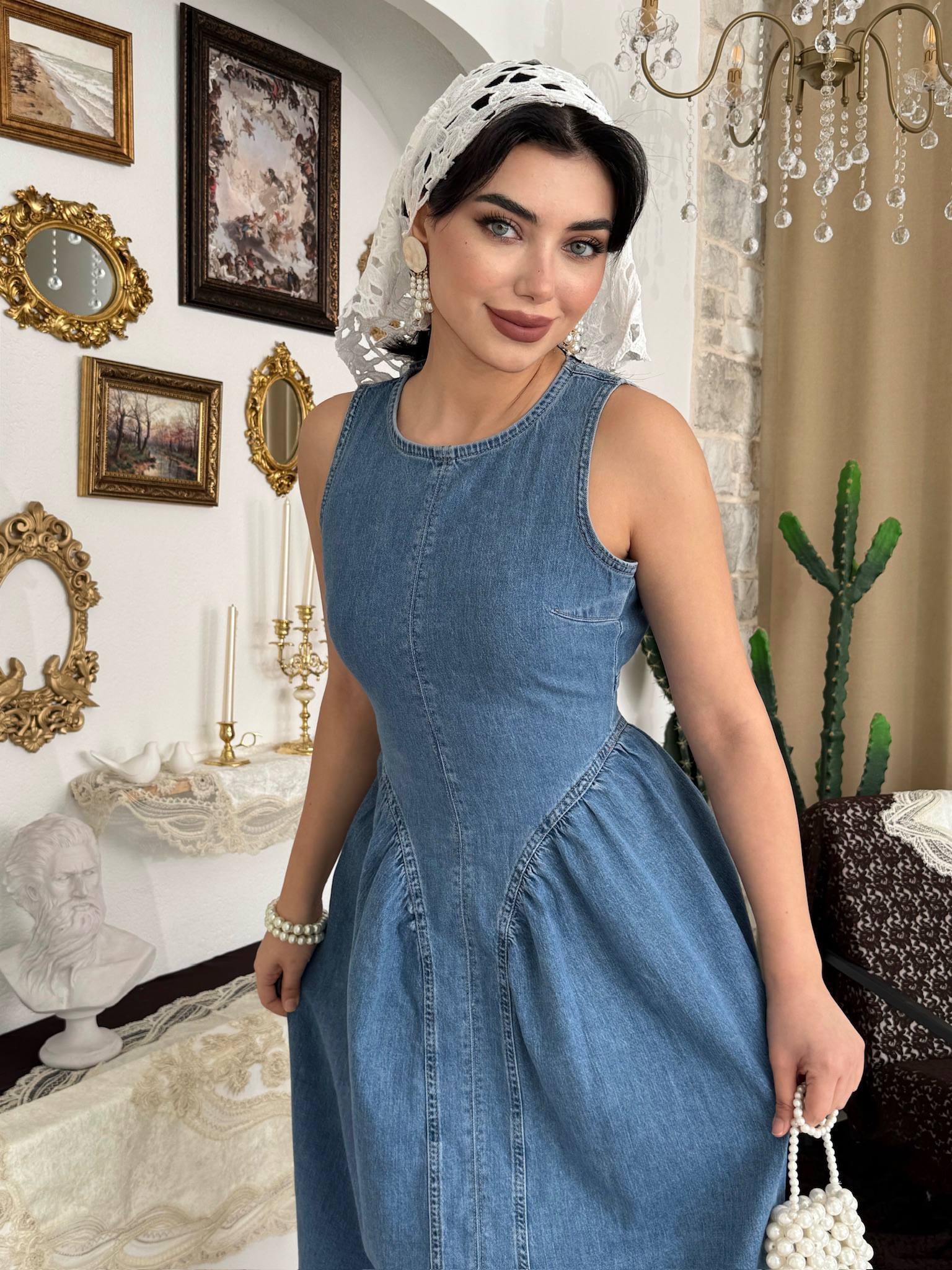 Etki Denim Maxi Elbise - Sırt Açık Halter Yaka Fermuarlı Elbise - Mavi
