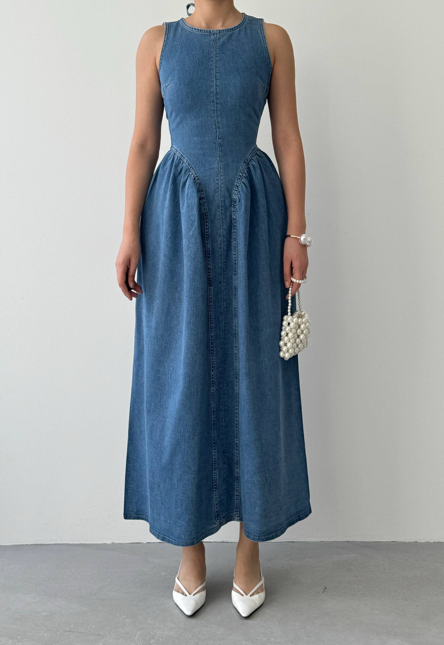 Etki Denim Maxi Elbise - Sırt Açık Halter Yaka Fermuarlı Elbise - Mavi