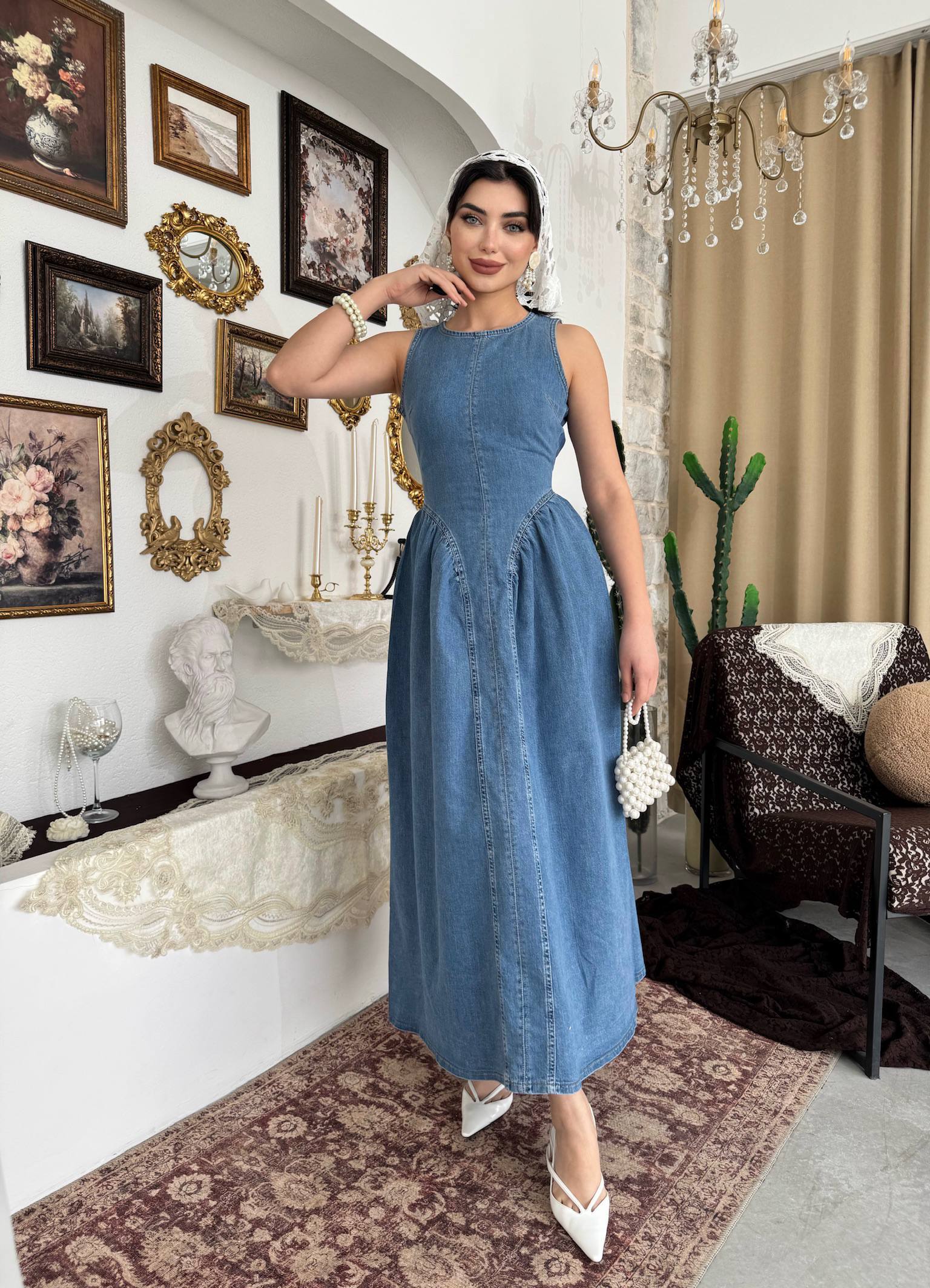 Etki Denim Maxi Elbise - Sırt Açık Halter Yaka Fermuarlı Elbise - Mavi