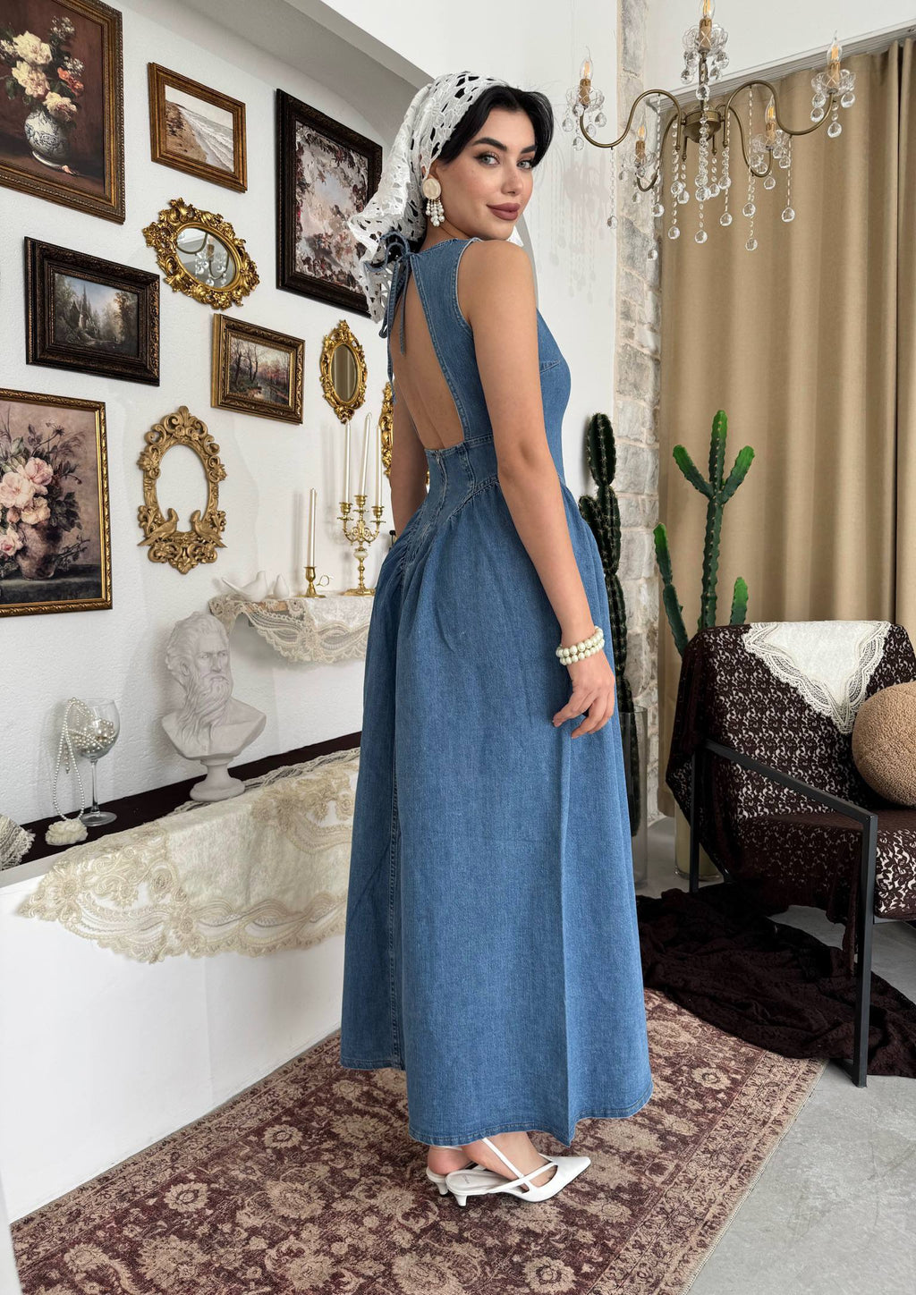 Etki Denim Maxi Elbise - Sırt Açık Halter Yaka Fermuarlı Elbise - Mavi