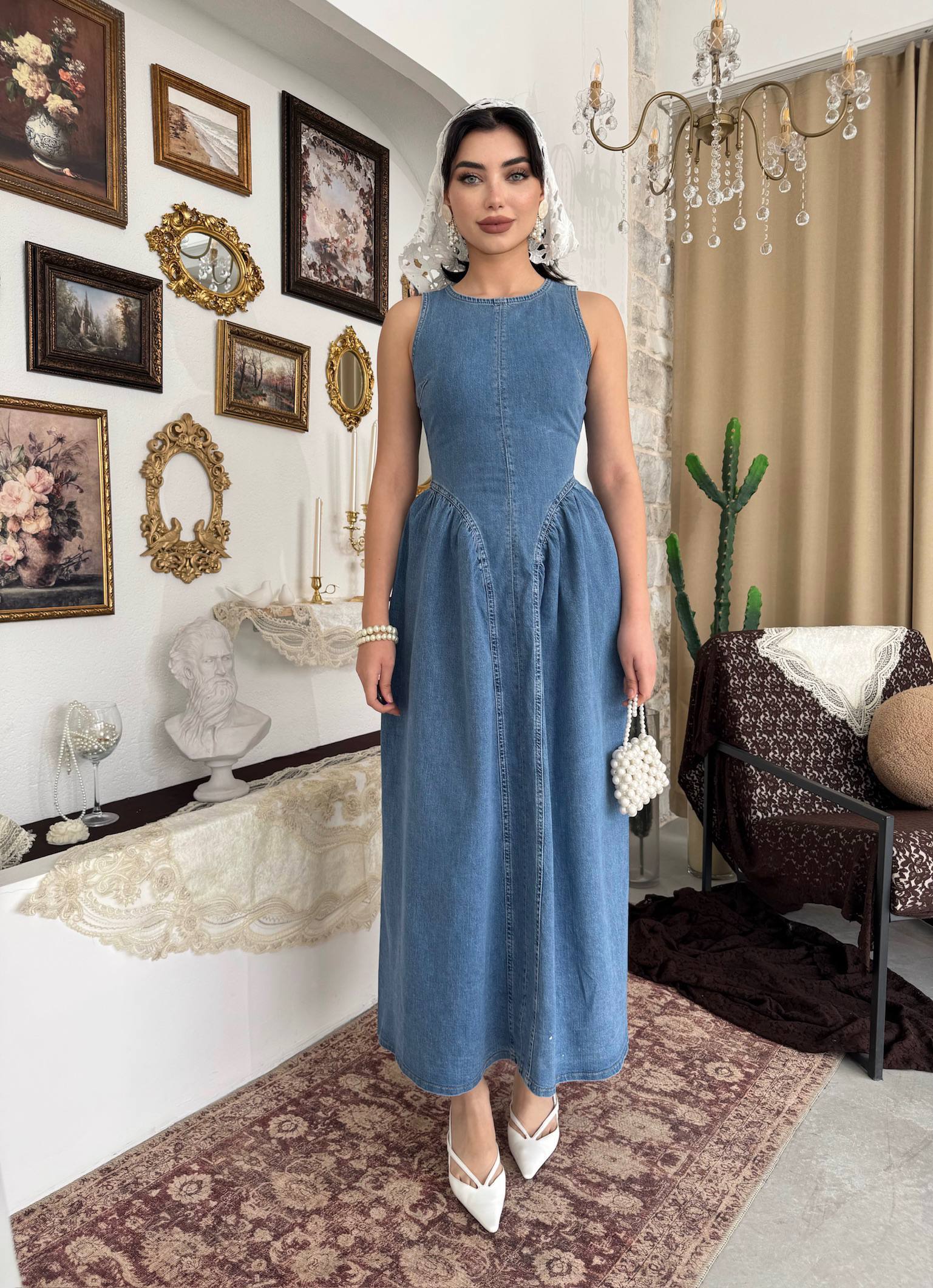 Etki Denim Maxi Elbise - Sırt Açık Halter Yaka Fermuarlı Elbise - Mavi