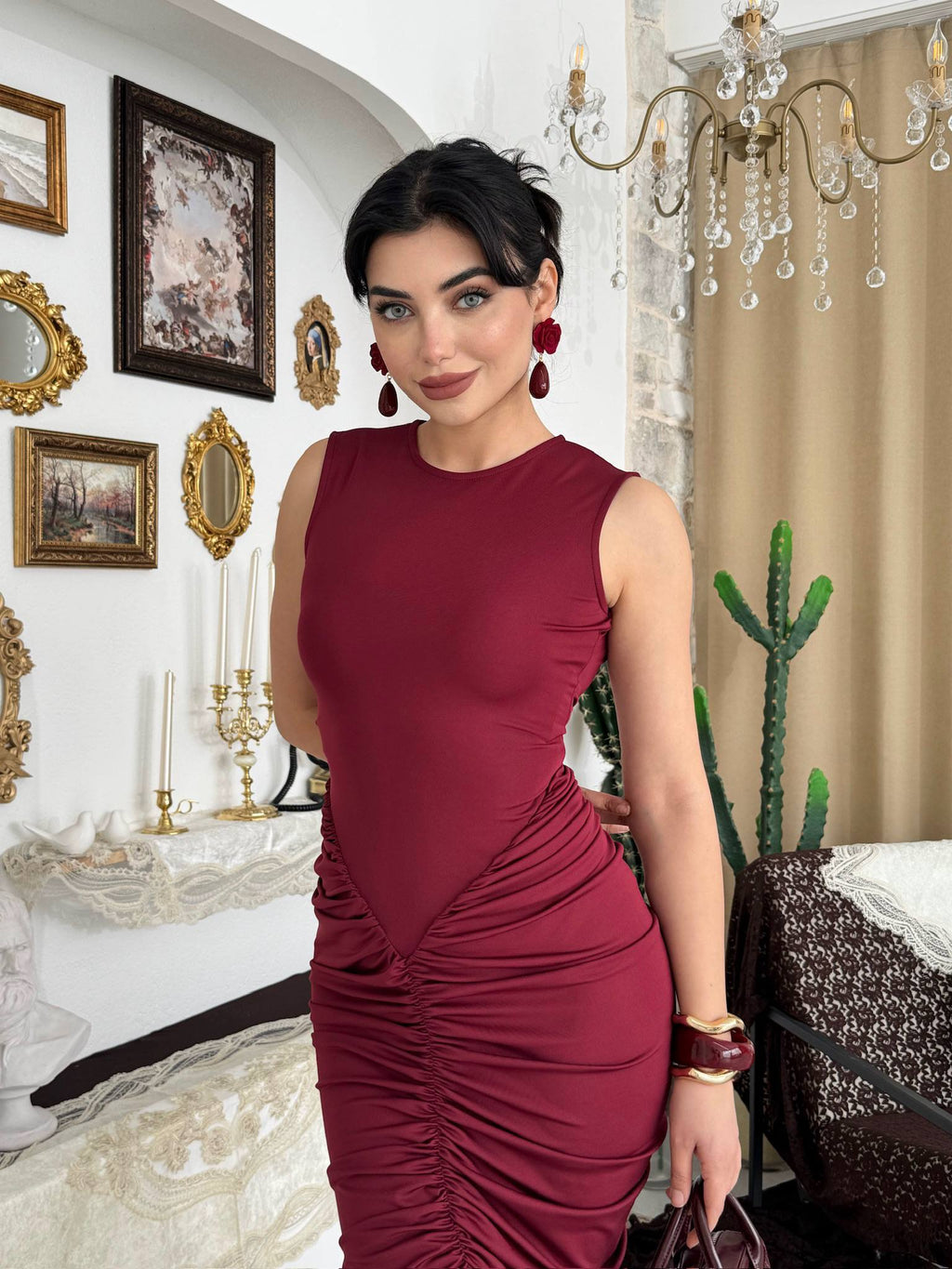 Msyo Büzgülü Maxi Elbise - Sırt Açık Kolsuz Vücuda Oturan Elbise - Bordo
