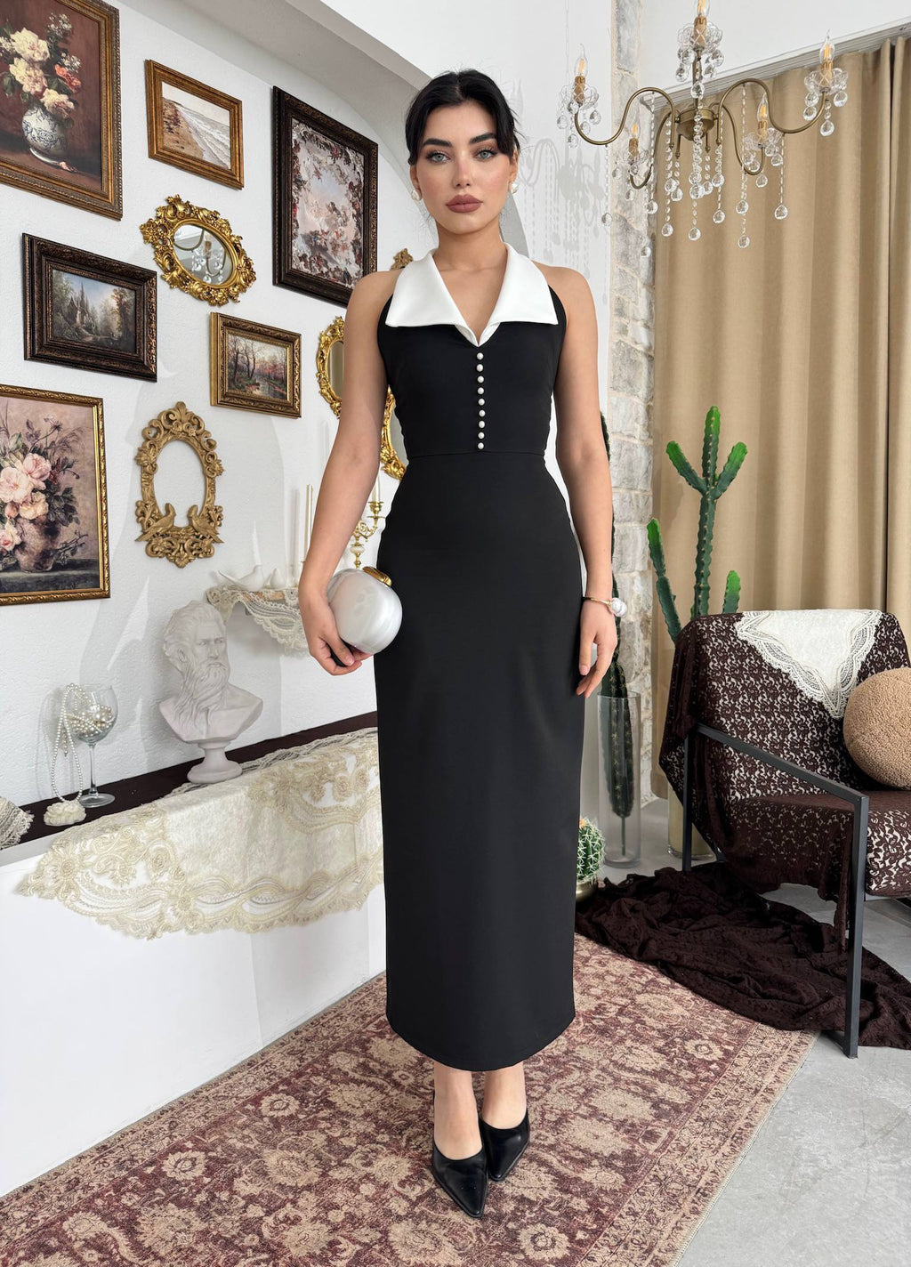 Etki Maxi Elbise - Halter Yaka İnci Detaylı Düğmeli Elbise - Siyah Beyaz