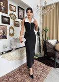 Etki Maxi Elbise - Halter Yaka İnci Detaylı Düğmeli Elbise - Siyah Beyaz