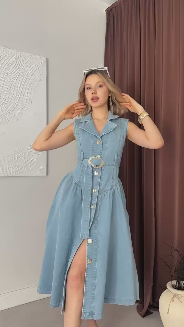 Denim Button-Down Dress with Belt Detail