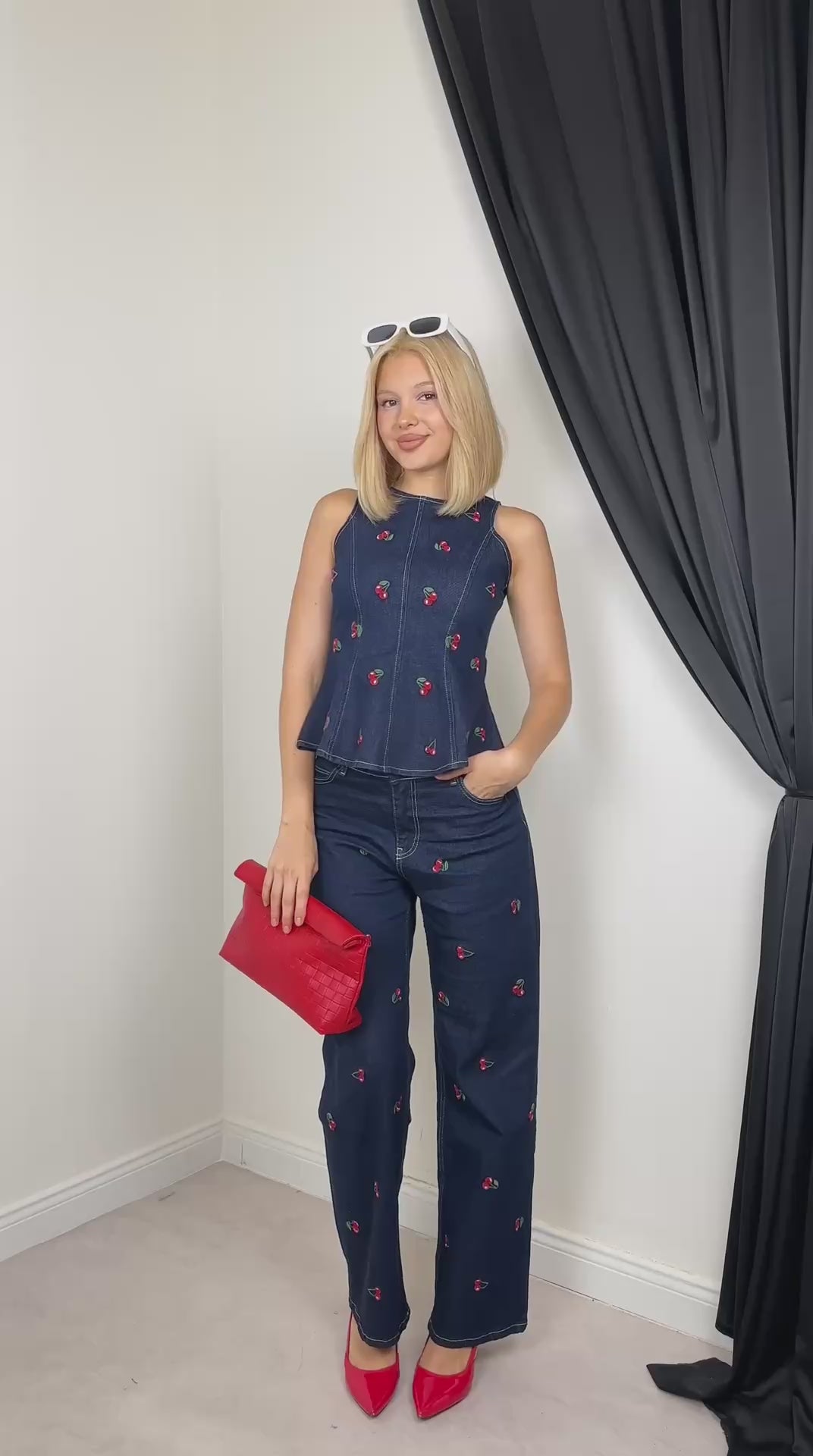 Kiraz Nakışlı Denim Peplum Üst & Pantolon Takım